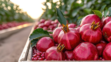 ripe pomegranates in wooden crateの素材