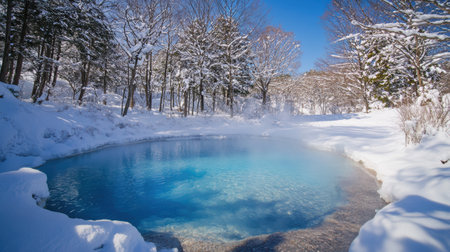 Serene winter landscape with a crystal clear blue pondの素材