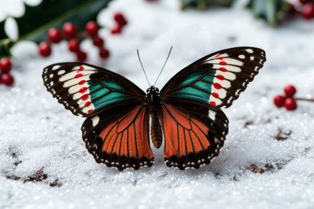 Vibrant butterfly on snowy backgroundの素材