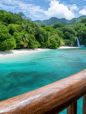 Tropical beach paradise with lush green foliage and crystal clear turquoise watersの素材