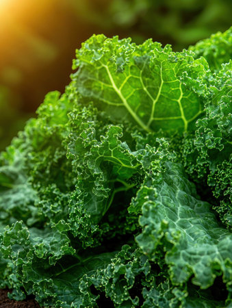 Close-up of lush green kale leavesの素材