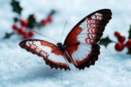 Vibrant butterfly resting on snowy surfaceの素材