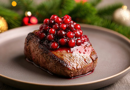 Festive cranberry-topped steak on a plateの素材