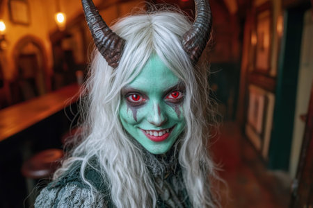 Spooky green demon with horns and red eyesの素材