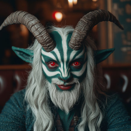 Mysterious horned creature with glowing red eyesの素材