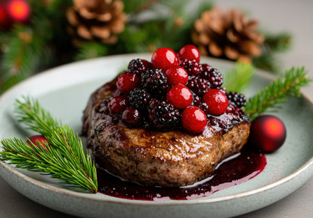 Festive holiday dessert with berries and pineの素材