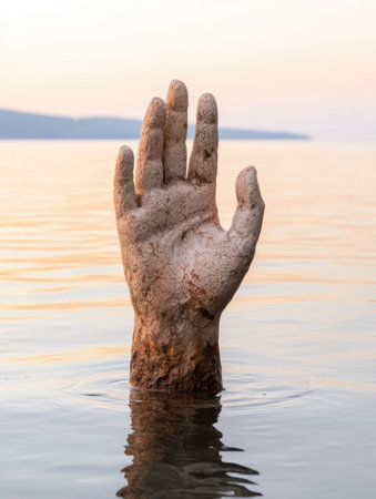 hand reaching out of water at sunsetの素材