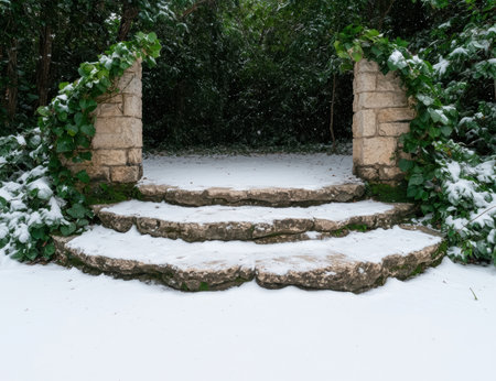 Snowy stone steps in a lush gardenの素材