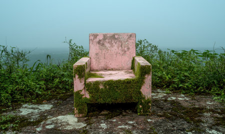Weathered moss-covered chair in lush green forestの素材