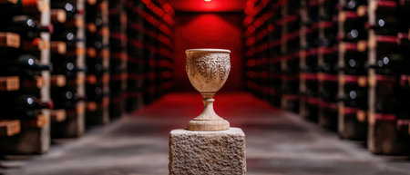 ornate antique chalice on stone pedestal in dramatic lightingの素材