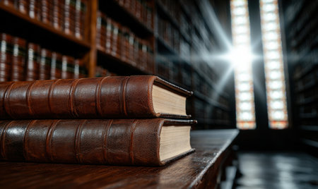 Antique leather-bound books on a wooden shelf in a libraryの素材