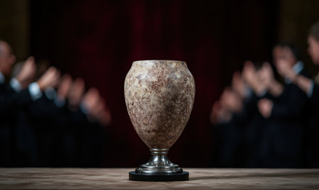 ancient stone trophy on wooden tableの素材
