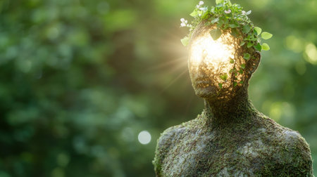 Moss-covered tree stump with glowing leavesの素材