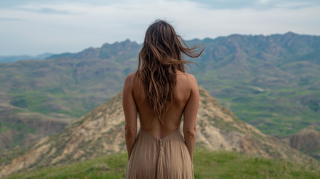 woman with long hair overlooking scenic mountain landscapeの素材