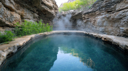 Serene natural hot springs in a lush canyonの素材