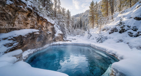 Serene winter wonderland with natural hot springの素材