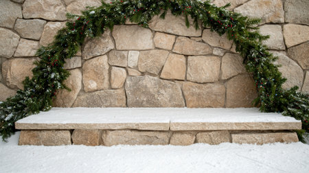 cozy winter stone fireplace with holiday garlandの素材