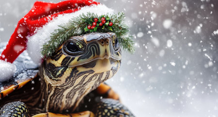 Festive turtle with holiday wreath in snowy sceneの素材