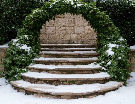 Snowy stone steps in a winter gardenの素材