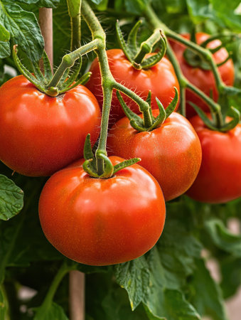 Ripe tomatoes growing on the vineの素材