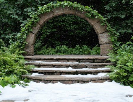 Snowy garden archway with stone stepsの素材