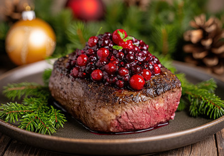 Festive steak with cranberry garnishの素材