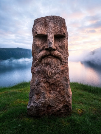 Mysterious stone face overlooking serene lakeの素材