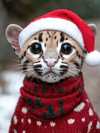 cute snow leopard cub wearing christmas sweaterの素材