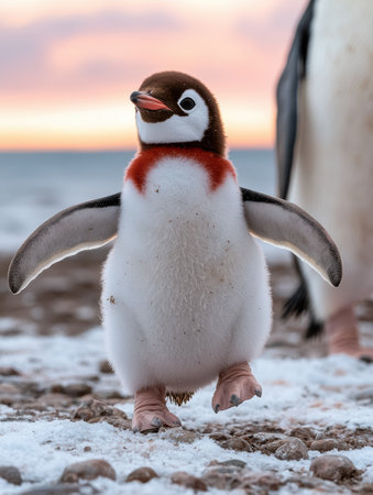Adorable baby penguin standing on snowy groundの素材