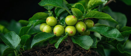 Fresh green apples growing on tree branchの素材