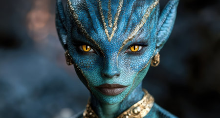 Mystical blue alien creature with glowing eyes and golden jewelryの素材