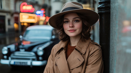 woman in trenchcoat and hat standing in city streetの素材