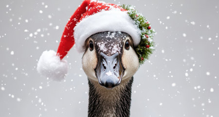 Adorable snow goose wearing a santa hatの素材