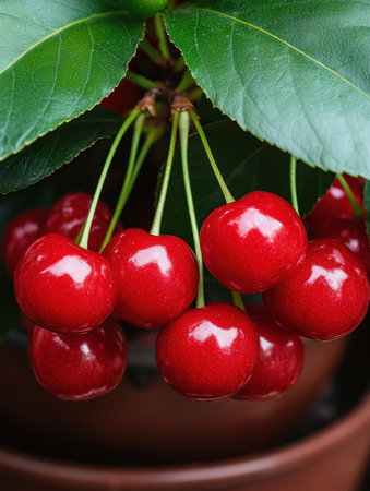 Ripe red cherries with green leavesの素材