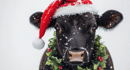 Festive cow with santa hat and hollyの素材
