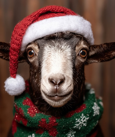 adorable festive goat in christmas sweater and hatの素材