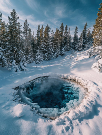 Serene winter landscape with frozen hot springの素材