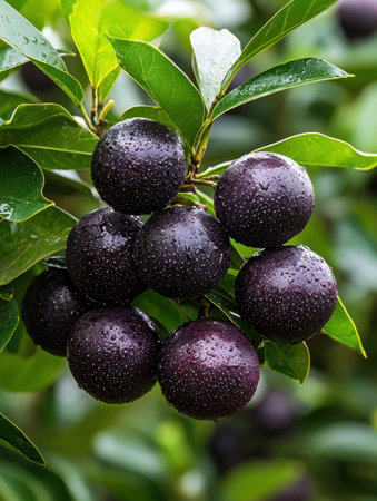 Ripe black plums on tree branch with green leavesの素材
