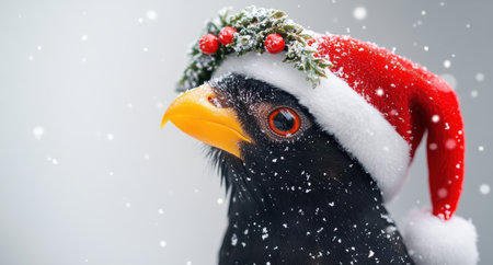 festive bird with christmas wreathの素材