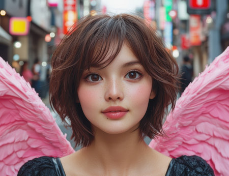 woman with pink wings in cityの素材