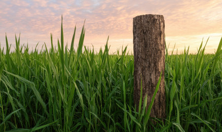 Peaceful countryside landscape with green grass and wooden postの素材
