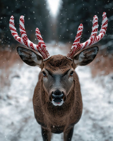 Festive deer with candy cane antlers in snowy winter sceneの素材