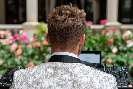 man in a suit using a laptop in a gardenの素材