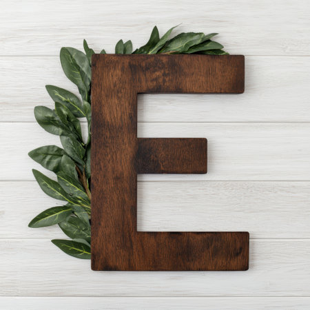 wooden letter e with green leavesの素材