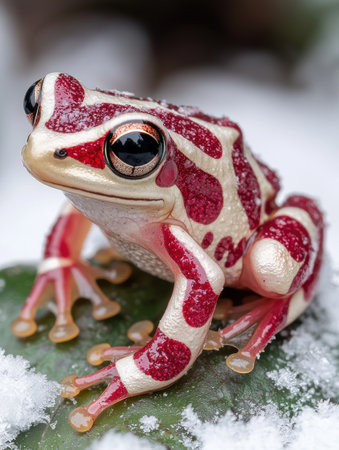 Vibrant red frog in snowy environmentの素材