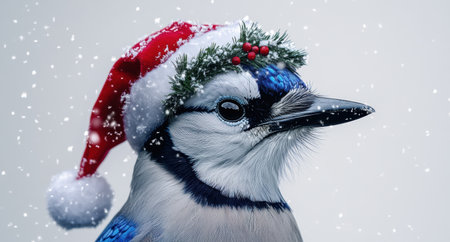 Festive bird with winter hat and berriesの素材