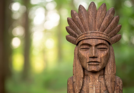Carved wooden statue of indigenous figure with feathered headdressの素材