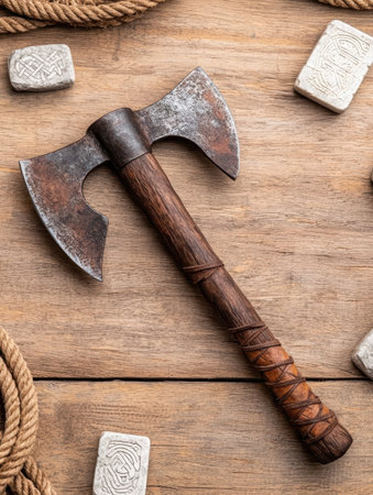 Rustic axe and carved stones on wooden surfaceの素材