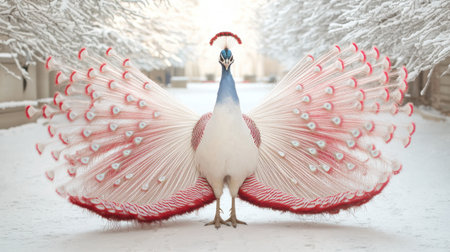 Majestic white peacock with vibrant feathers in a snowy winter landscapeの素材