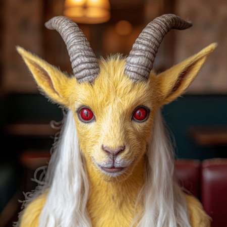 Mythical creature with horns and glowing red eyesの素材